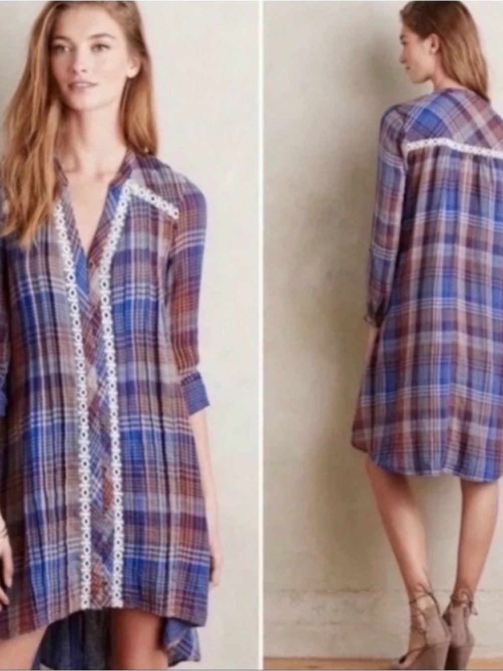 Anthropologie Holding Horses Blue Plaid Dress Lace Flowy Cottagecore Medium